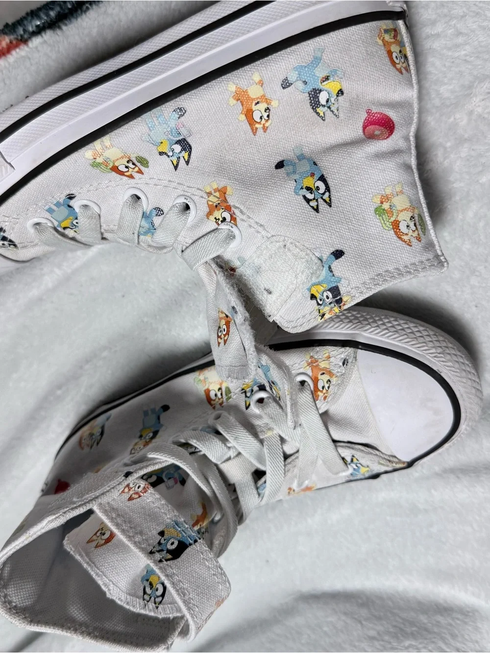 Converse White High Top Sneakers with Blue Cartoon Insole